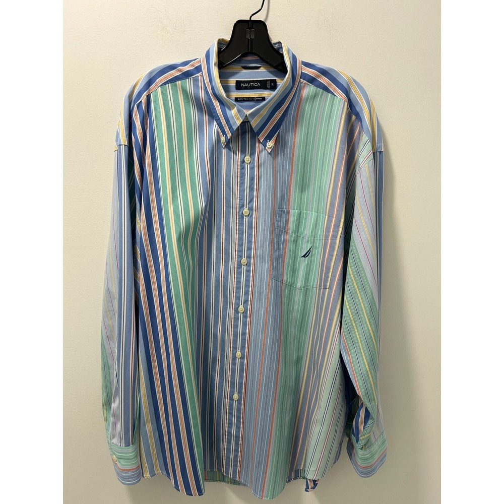 Nautica Mens XL Long Sleeve Button Down Shirt 80s Two-Ply Cotton Multi Stripe